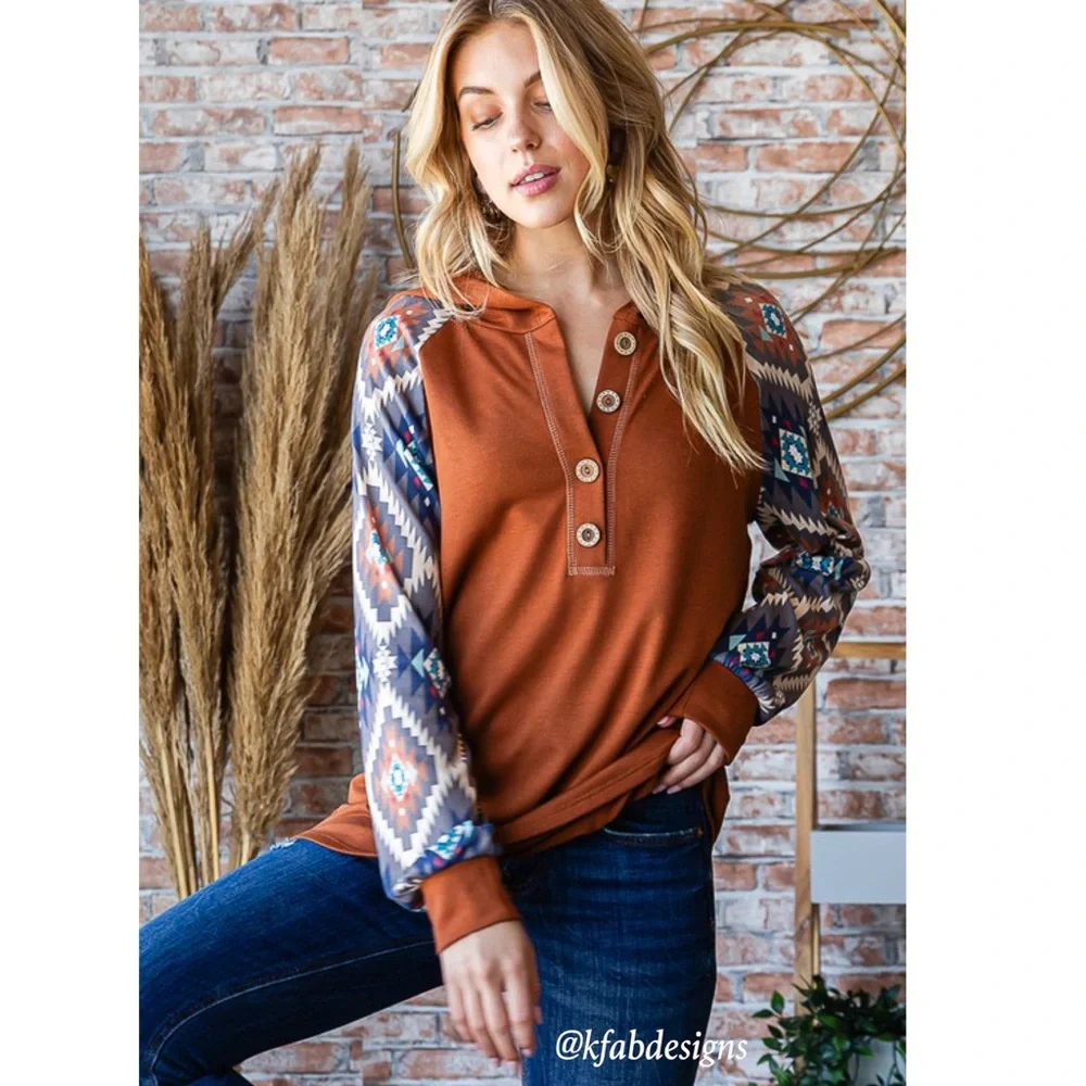 NEW! V Neck Button Detail Burnt Orange Aztec Contrast Hoodie! - Picture 5 of 9